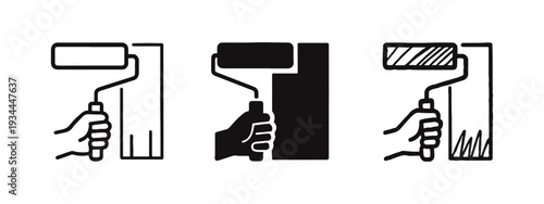 Hand Holding Paint Roller Icon Set - Painting, Renovation, and Home Improvement Symbols