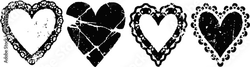 four hand drawn black and white hearts with distressed and cracked textures in different styles