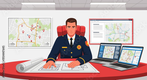 Police Officer Planning Operations at Command Center Desk.