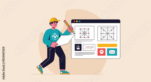 Engineer planning project on screen with blueprints and pencil