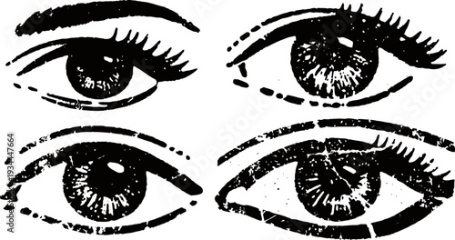 Vintage hand drawn human eyes sketches eyelashes, iris details, artistic design elements for illustration