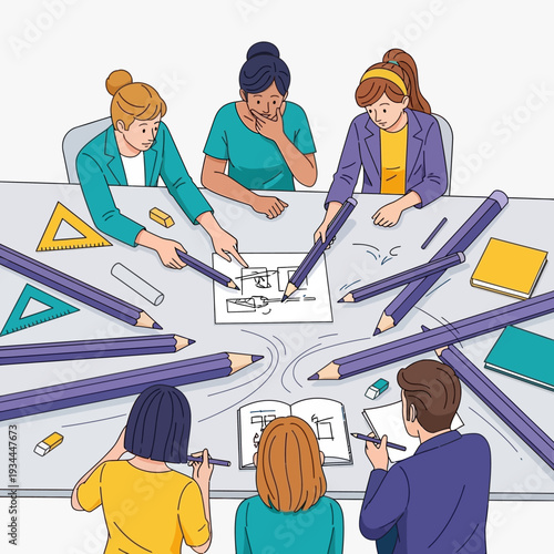 Diverse team collaborates on architectural design project, sketching blueprints on table