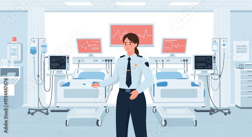 Professional Security Guard Standing Confidently in Hospital Ward.