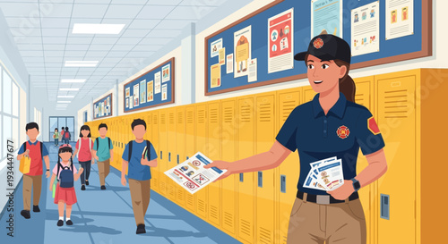 School security guard distributing information to students.