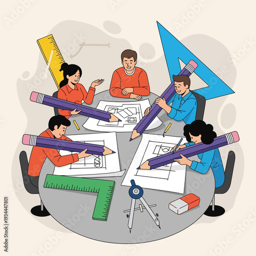 Teamwork and collaboration: Architects designing a blueprint at a round table
