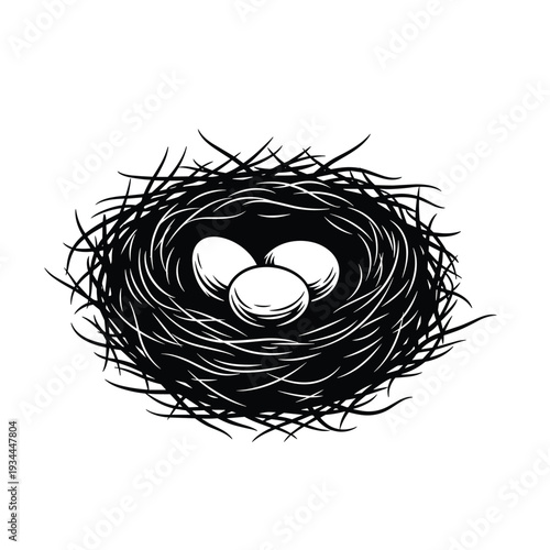 A detailed black and white illustration of a bird's nest with three eggs inside