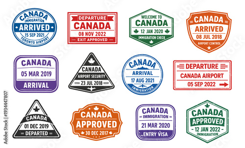 Canada immigration stamp collection. Retro passport badges with arrival departure and approved labels. Vintage airport travel style