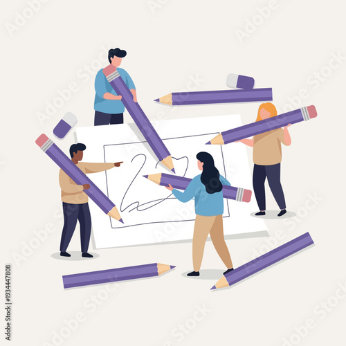 Teamwork drawing, people collaborating on a sketch with large pencils and erasers