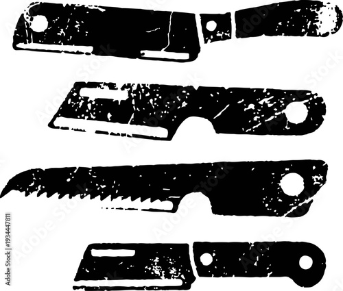 Set of four vintage black cleaver and kitchen knives with different blades and handles