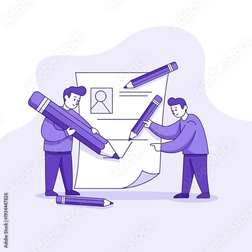 Two men filling out a form with giant pencils, teamwork, education, and business concept