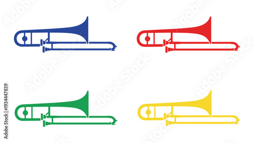 Four colorful trombone instruments displayed in a row with different bell designs.