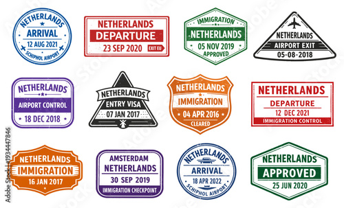 Netherlands immigration stamp collection. Vintage travel badges with arrival departure and approved labels. Retro airport passport style
