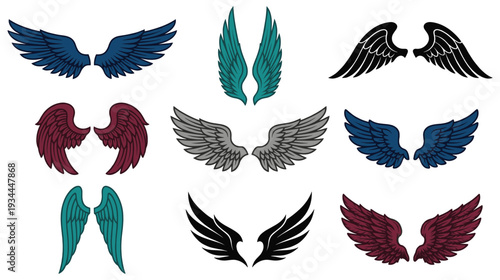 Set of isolated angel wings in a flat style on white background