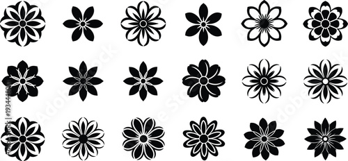 Black floral flower icons collection decorative silhouette vector set