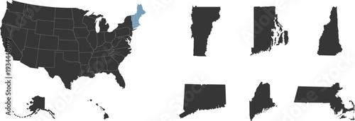 Northeast region. New England: Connecticut, Maine, Massachusetts, New Hampshire, Rhode Island, Vermont. States of America territory. Separate states. Vector