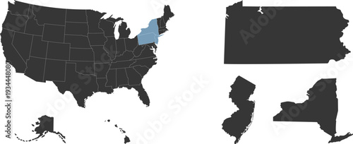 Northeast region. Middle Atlantic: New Jersey, New York State, Pennsylvania. States of America territory. Separate states. Vector