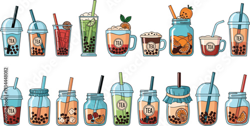 Bubble tea drinks collection with fruit milk and tapioca vector illustration