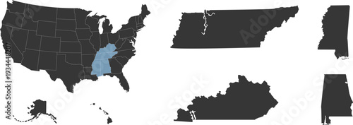 South region. East South Central: Alabama, Kentucky, Mississippi, Tennessee. States of America territory. Separate states. Vector