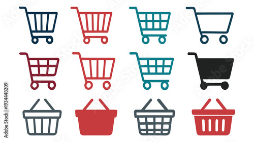 Set of isolated shopping cart and basket icons on white background