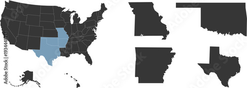 South region. West South Central: Arkansas, Louisiana, Oklahoma, Texas. States of America territory. Separate states. Vector