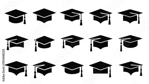 Vector illustration of set of graduation caps icons in silhouette style for academic achievement on a transparent background