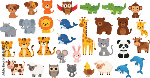 Cute zoo and farm animals collection cartoon vector illustration set