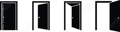 Open and closed door icon collection, entrance and interior doorway symbols, ajar door variations in flat design, minimal architectural vector illustration isolated on white background.
