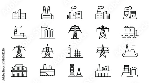 Collection of Industrial Infrastructure Icons Featuring Power Plants and Transmission Towers in a Simple Line Art Style