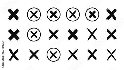 Vector illustration of set of black cross marks, x symbols, and error icons in various styles on a transparent background