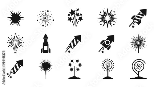 Vector illustration of set of black fireworks and rocket icons for celebration and holiday design on a transparent background