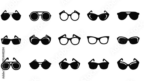 Vector illustration of collection of various black sunglasses and eyeglasses icons and silhouettes on a transparent background