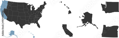 West region. Pacific states: Alaska - US State, California, Hawaii Islands, Oregon - US State, Washington State. States of America territory. Separate states. Vector