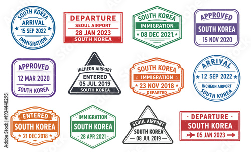 South korea immigration stamp collection. Retro passport badges with arrival departure and approved signs. Vintage airport travel style