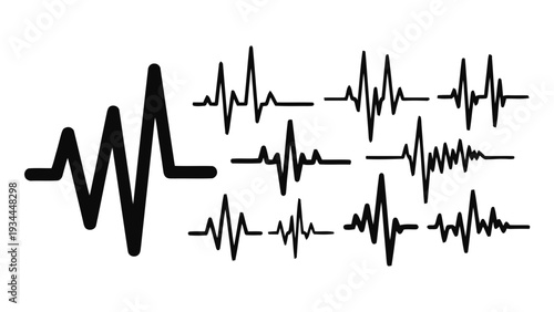 Vector illustration of set of various electrocardiogram ecg heartbeat line waveform icons and symbols on a transparent background