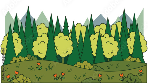 Beautiful cartoon forest landscape with green trees and rolling hills