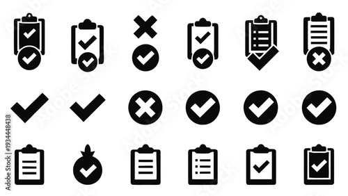 Vector illustration of set of checkmark and cross icons on clipboard, approval and rejection symbols on a transparent background