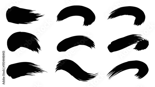 Vector illustration of set of nine black ink brush strokes and swipes for artistic design elements on a transparent background