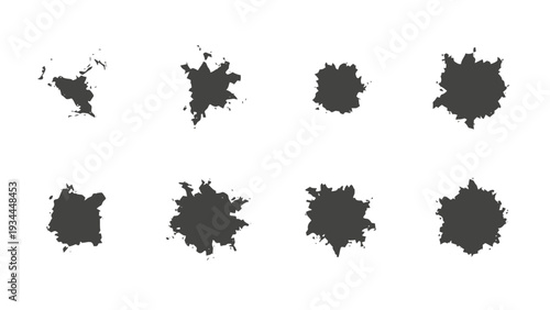 Vector illustration of set of eight dark gray ink splatter, blob, or stain shapes on on a transparent background