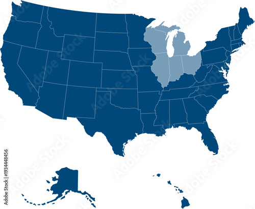 Midwest region. East North Central: Illinois, Indiana, Michigan, Ohio,Wisconsin. States of America territory. Separate states. Vector