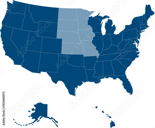 Midwest region. West North Central: Iowa, Kansas, Minnesota, Missouri, Nebraska, North Dakota, South Dakota. States of America territory. Separate states. Vector