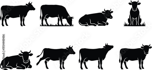 Collection of black silhouette cow illustrations showcasing various poses and actions in a minimalistic style for agricultural and farm-related designs