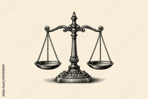 Classic justice scales engraving illustration. Vintage balance symbol in detailed monochrome style. Law and fairness concept