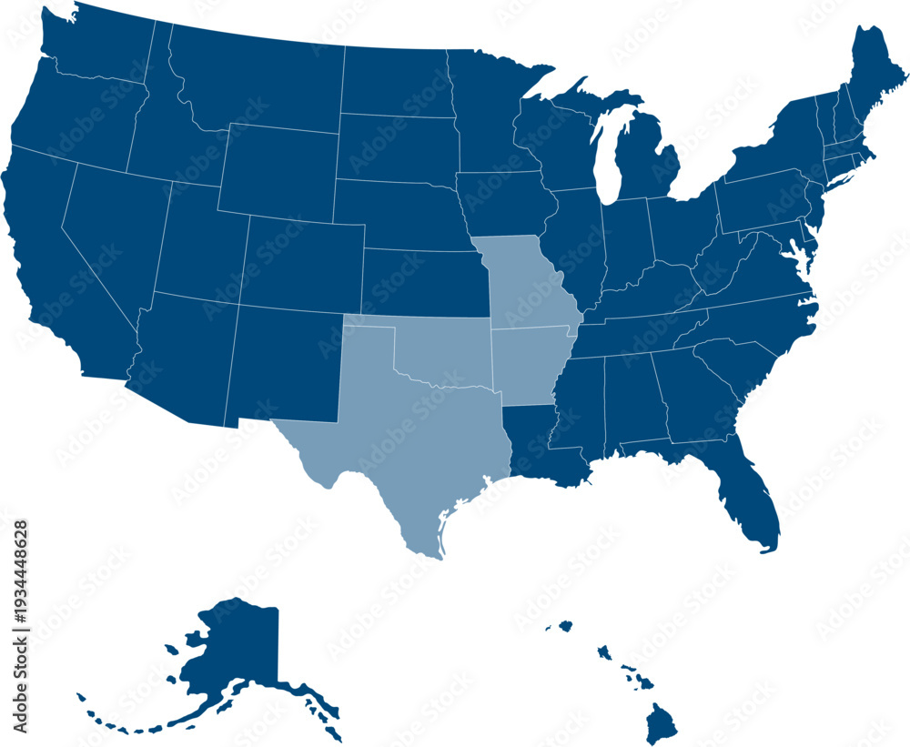 Fototapeta premium South region. West South Central: Arkansas, Louisiana, Oklahoma, Texas. States of America territory. Separate states. Vector