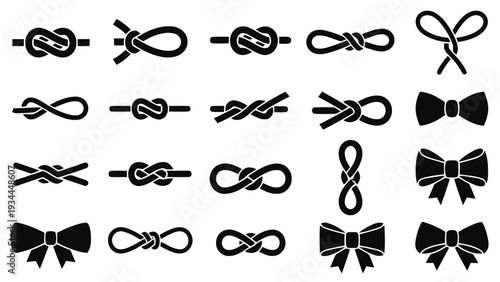 Vector illustration of set of various knot and bow tie icons and symbols in black silhouette style on a transparent background