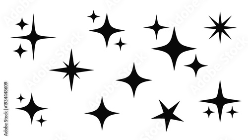 Vector illustration of set of black sparkle, star, and twinkle icons for design elements on a transparent background
