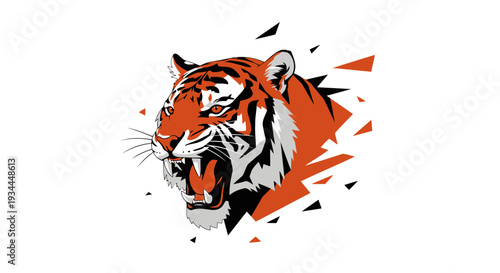 A fierce tiger's head illustration with dynamic splashes of orange and black, symbolizing power and energy, viewed from the side with bold graphic elements.
