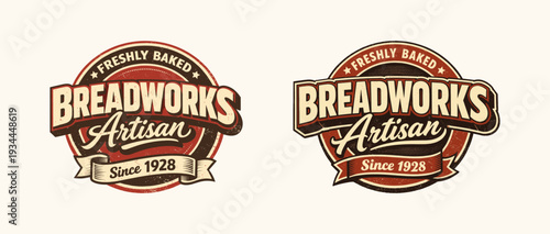Bakery artisan badge illustration. Vintage breadworks emblem with retro typography elements. Food branding concept
