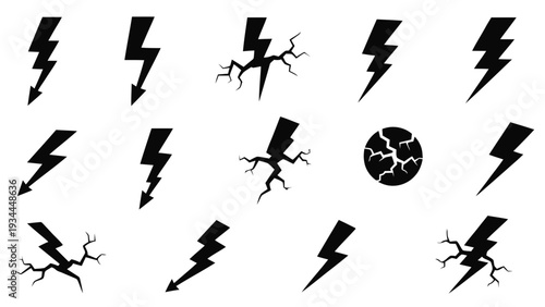Vector illustration of set of black lightning bolt icons and cracks vector graphics on a transparent background