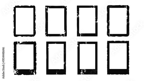 Vector illustration of set of eight distressed black photo frames or polaroid borders, grunge style on a transparent background