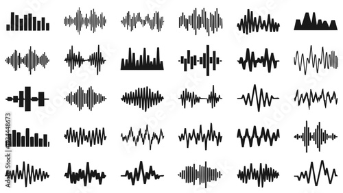 Vector illustration of collection of various black sound wave and audio frequency icons, on a transparent background